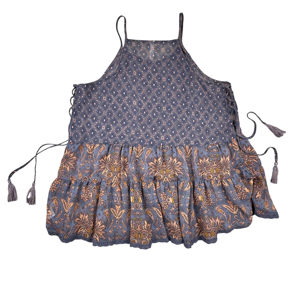 Gorg! Y2k Scheer Womens L Blue Floral Paisley Tiered Boho Babydoll Tank Top Lace